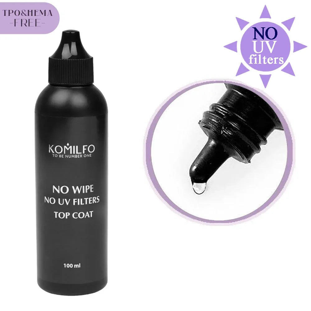 KOMILFO No Wipe No UV Filter Top Coat HEMA-Free TPO-Free 100ml glossy top for dark gel polish shades