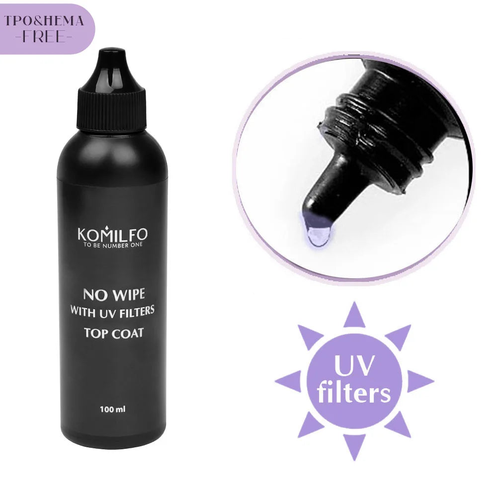KOMILFO No Wipe UV Filter Top Coat HEMA-Free TPO-Free 100ml glossy top for light gel polish shades