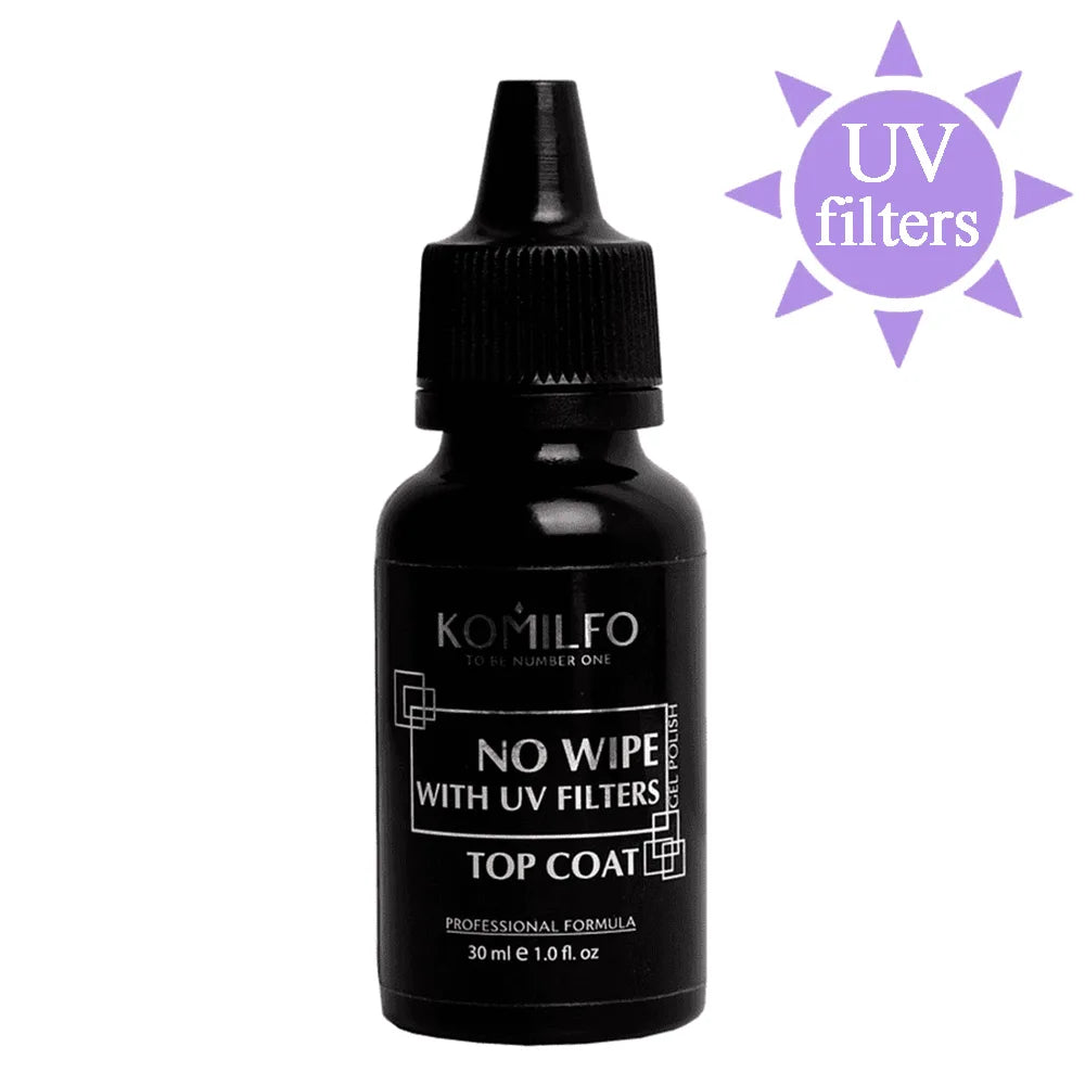 KOMILFO No Wipe UV Filter Top Coat HEMA-Free TPO-Free 30ml glossy top with UV filters for light gel polish
