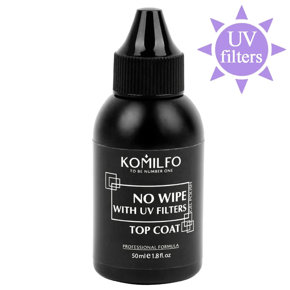 KOMILFO No Wipe UV Filter Top Coat HEMA-Free TPO-Free 50ml glossy top for light gel polish shades