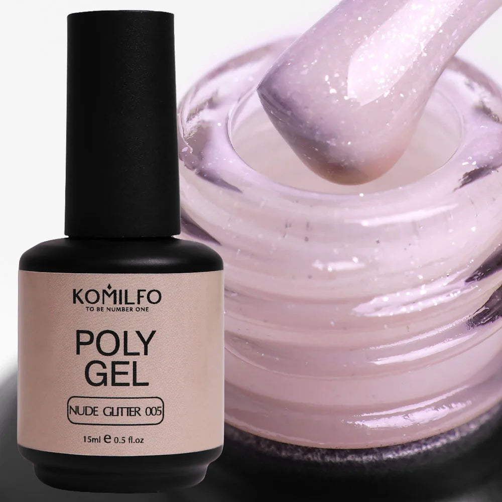 Komilfo PolyGel Liquid Builder Gel 15ml self-leveling nail gel in bottle with brush