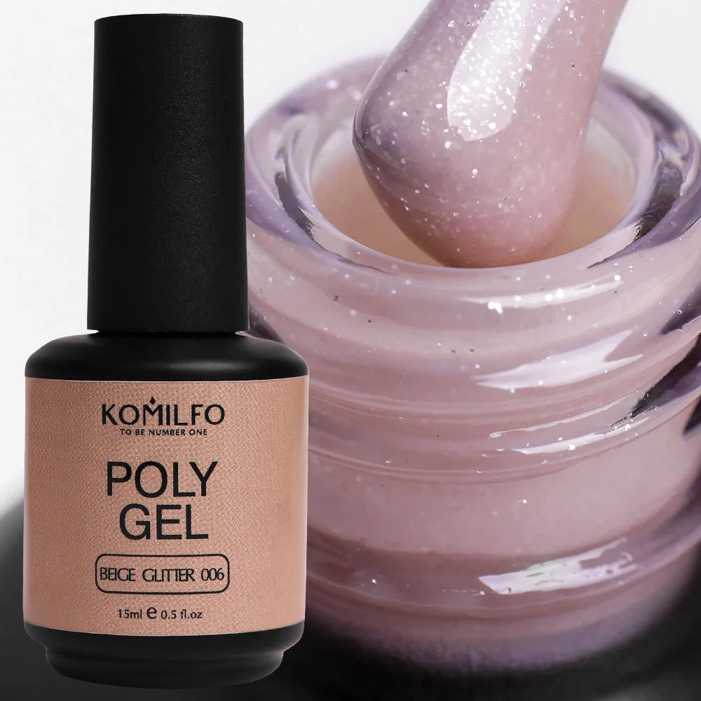 Komilfo PolyGel Liquid Builder Gel 15ml self-leveling nail gel in bottle with brush