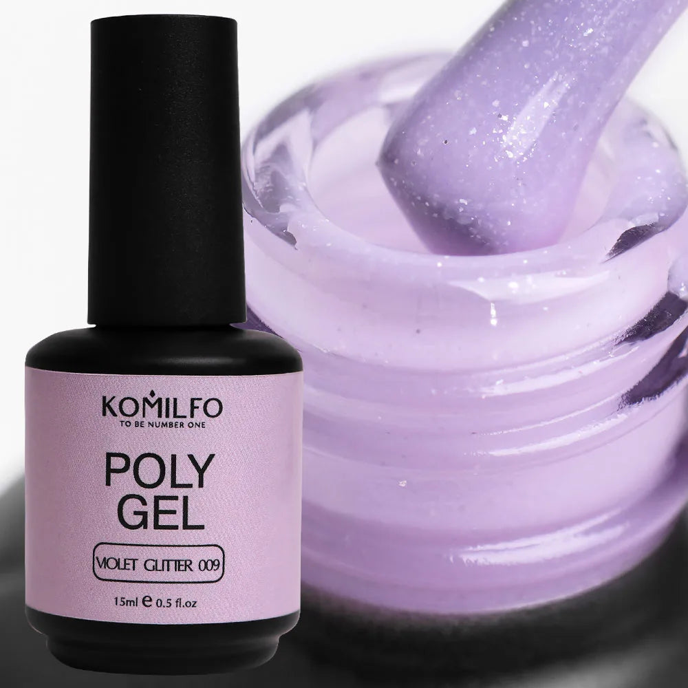 Komilfo PolyGel Liquid Builder Gel 15ml self-leveling nail gel in bottle with brush