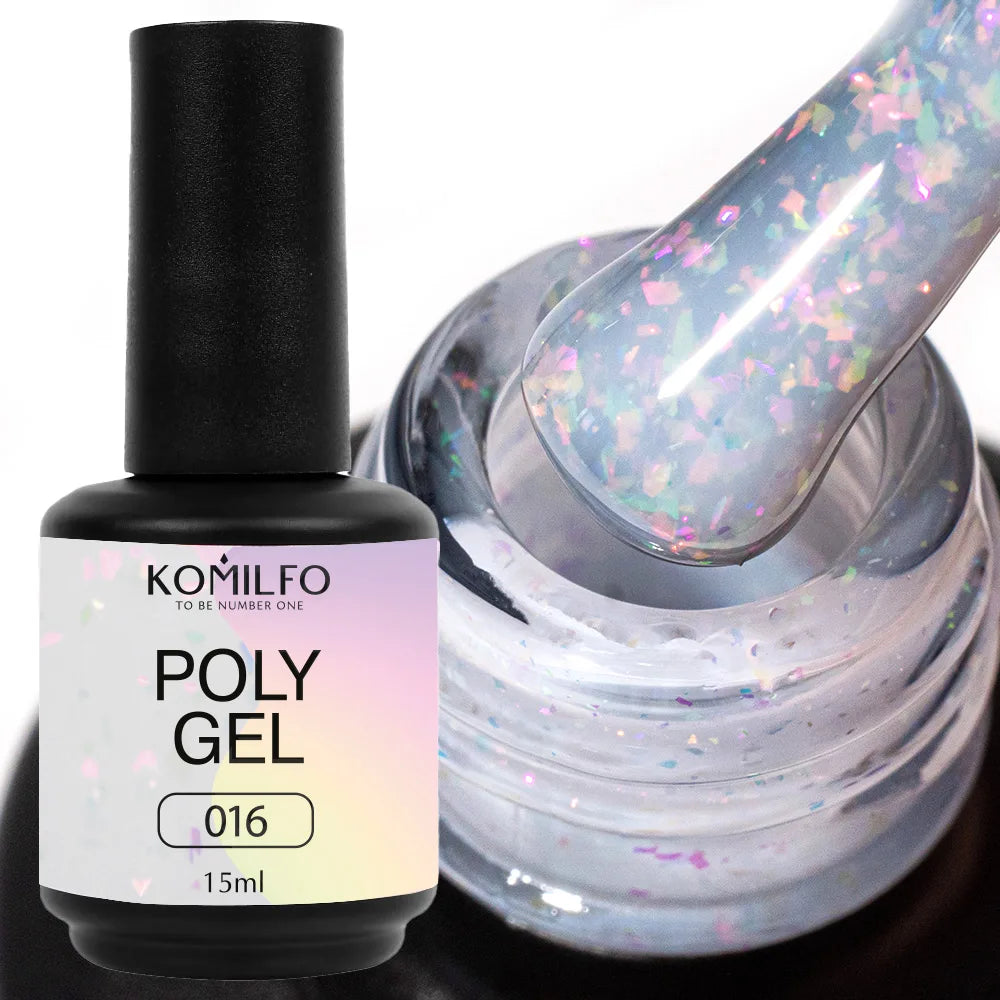 Komilfo PolyGel Liquid Builder Gel 15ml self-leveling nail gel in bottle with brush