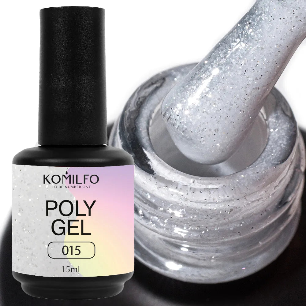 Komilfo PolyGel Liquid Builder Gel 15ml self-leveling nail gel in bottle with brush