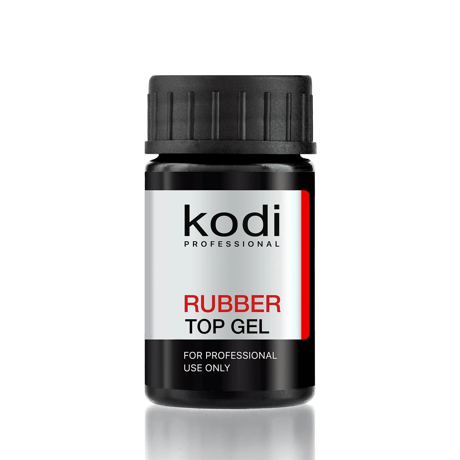 Kodi Professional Rubber Top Coat 14ml bottle and clear glossy finish swatch