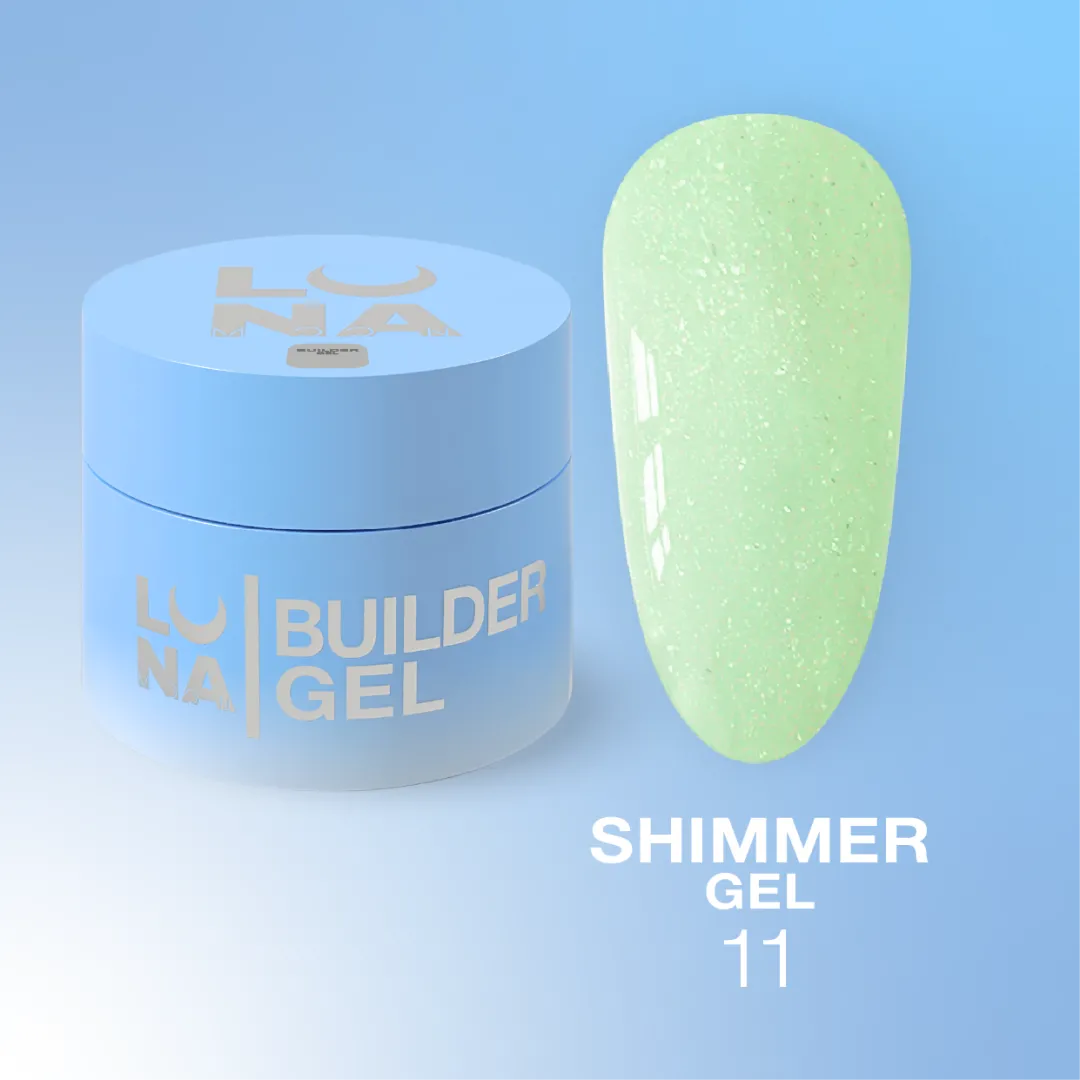 LUNA Shimmer Builder Gel jar and sparkling color swatch