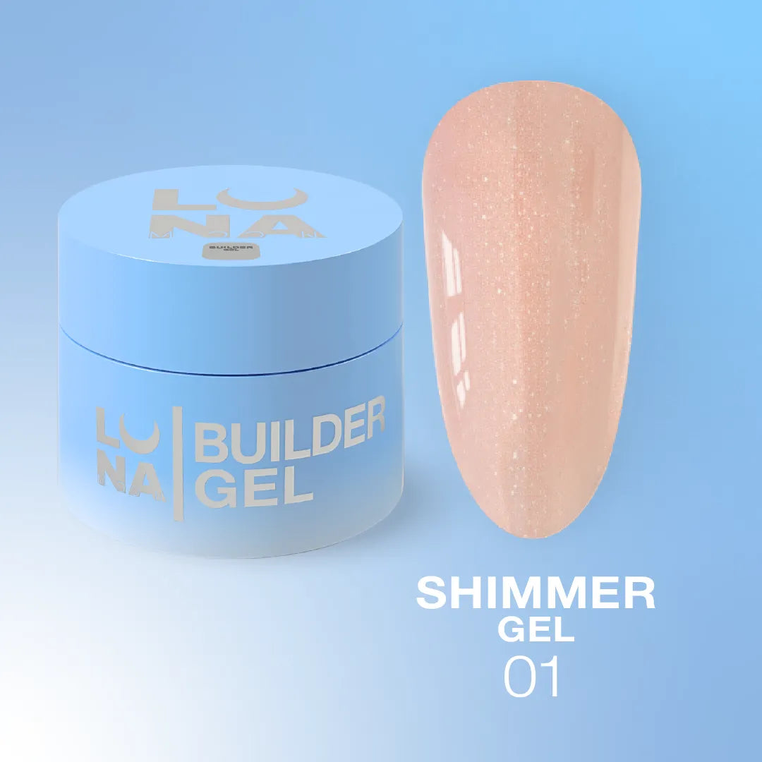 LUNA Shimmer Builder Gel jar and sparkling color swatch