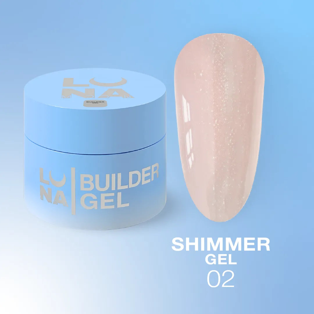 LUNA Shimmer Builder Gel jar and sparkling color swatch