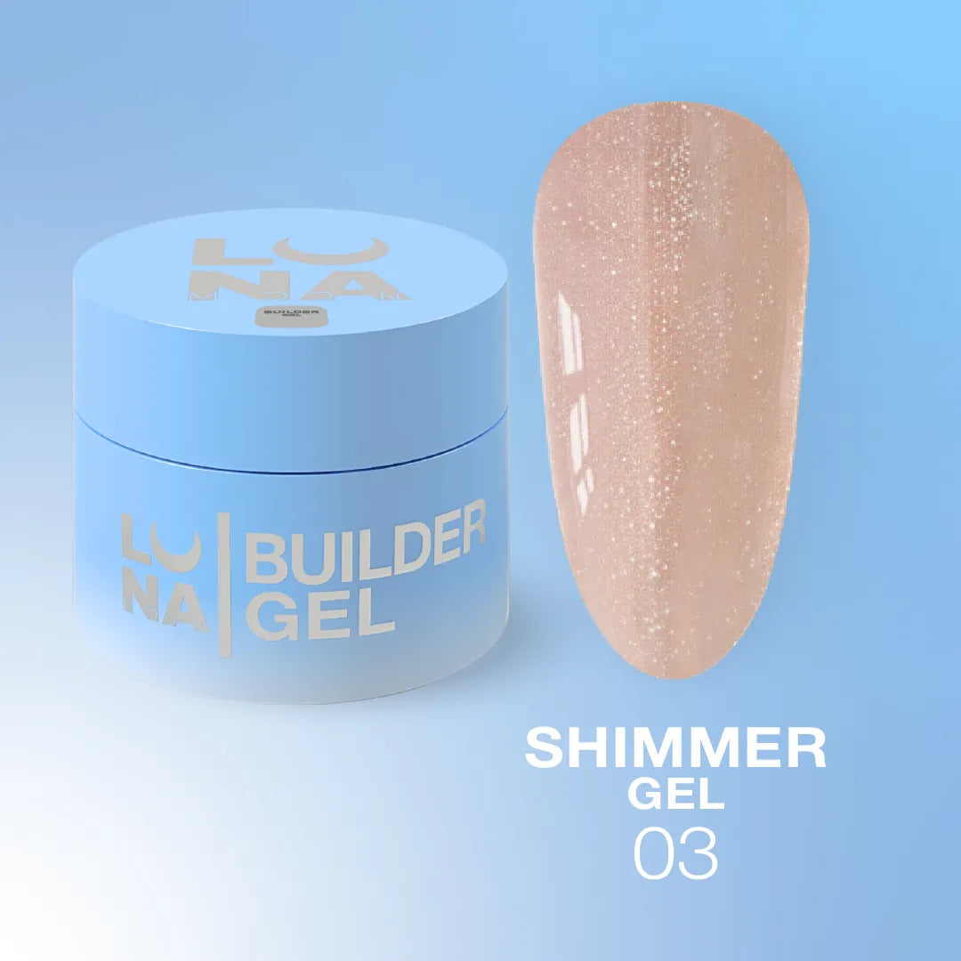 LUNA Shimmer Builder Gel jar and sparkling color swatch