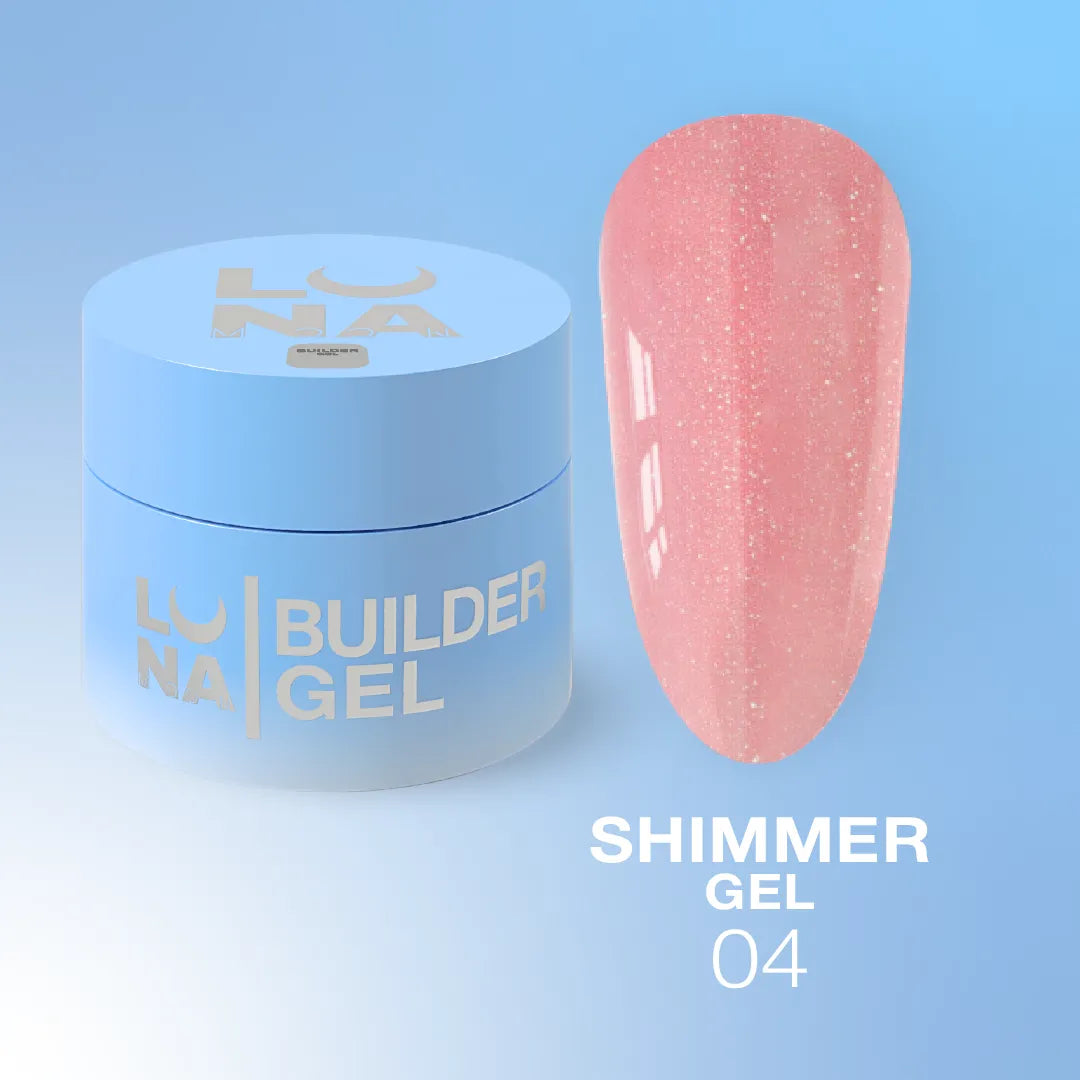 LUNA Shimmer Builder Gel jar and sparkling color swatch