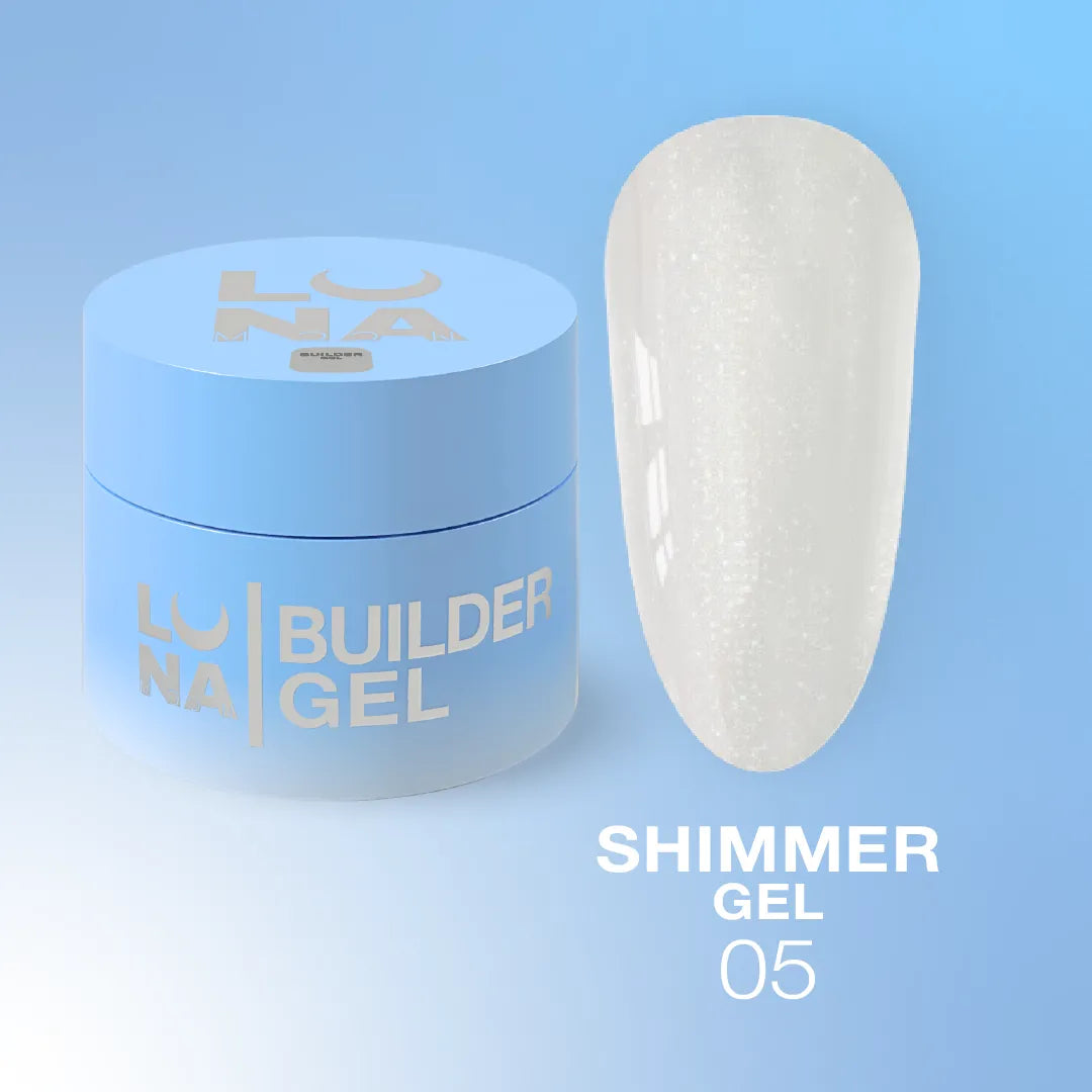 LUNA Shimmer Builder Gel jar and sparkling color swatch