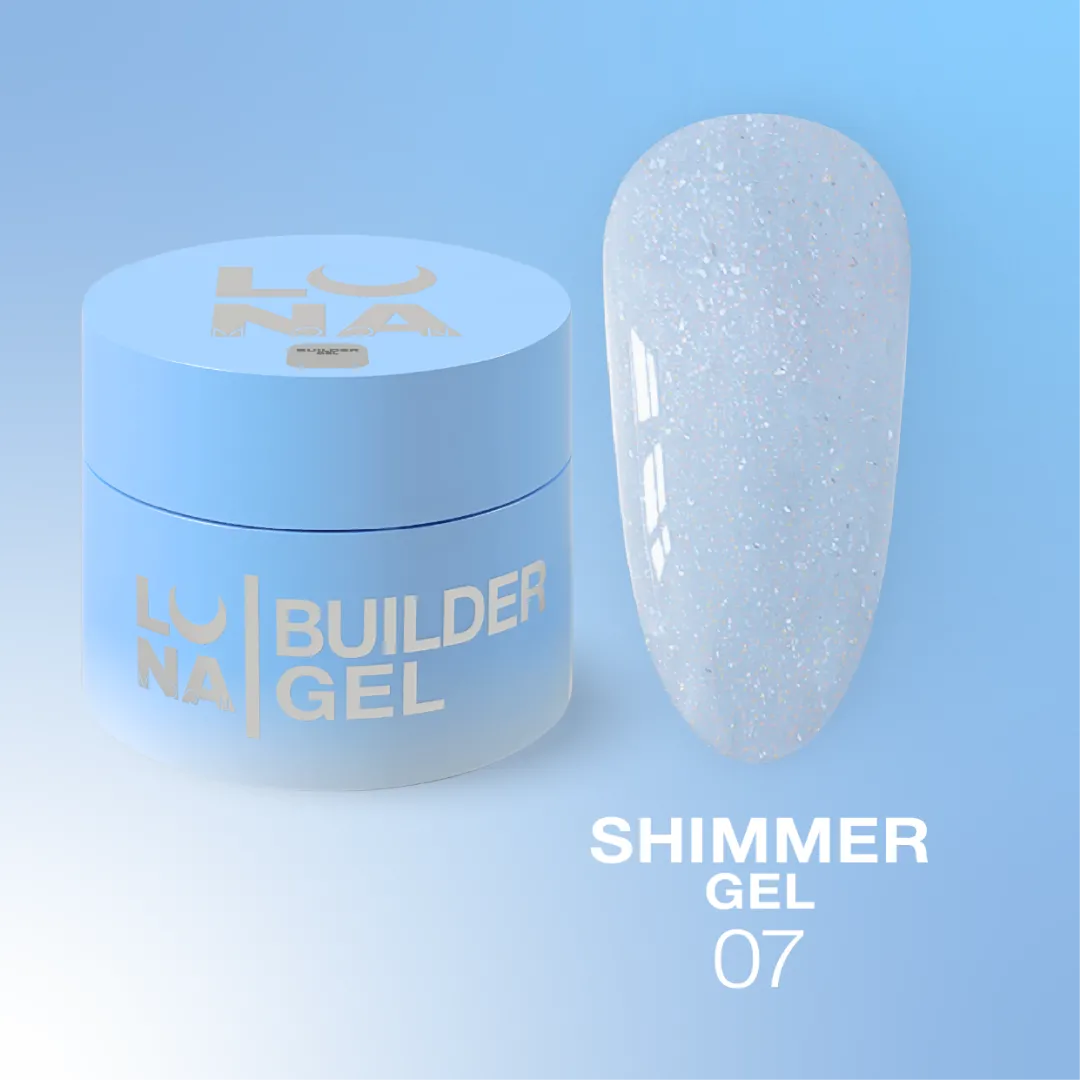 LUNA Shimmer Builder Gel jar and sparkling color swatch