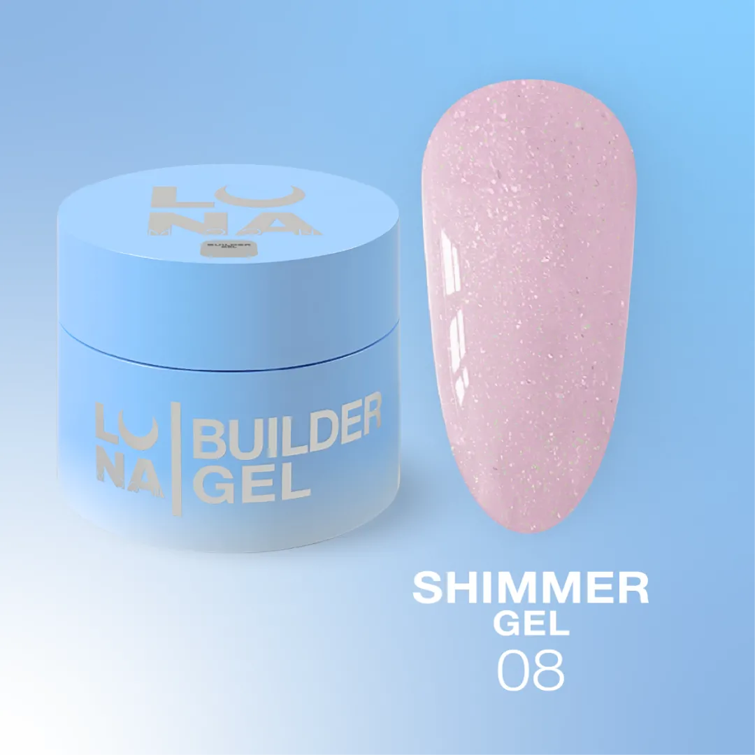 LUNA Shimmer Builder Gel jar and sparkling color swatch