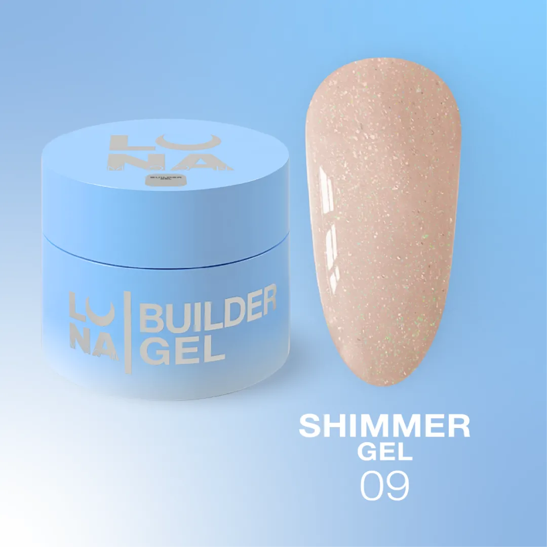 LUNA Shimmer Builder Gel jar and sparkling color swatch