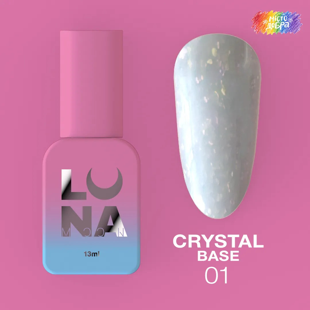 LUNA Crystal Base 01 13ml bottle and glitter color swatch