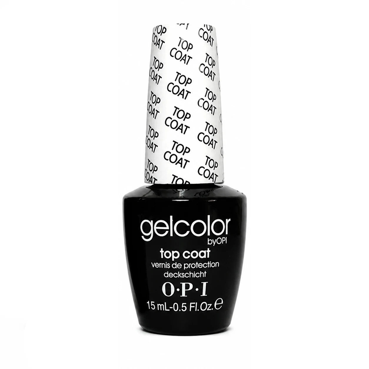 OPI GelColor glossy top coat gel nail polish bottle and shiny finish swatch